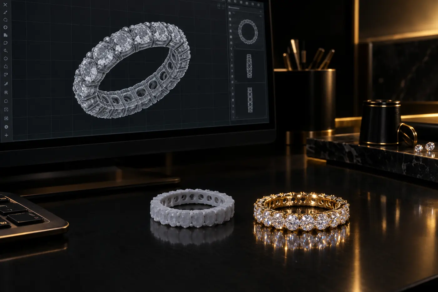 CAD model next to prototype rings