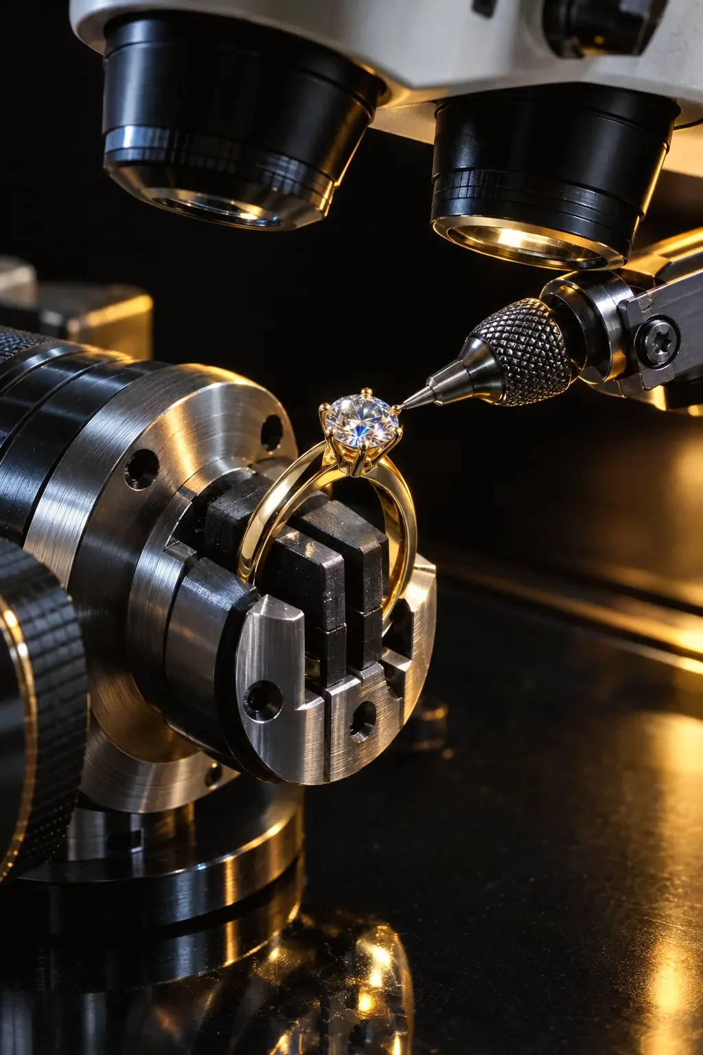 Wedding band held in a precision setting machine under a microscope
