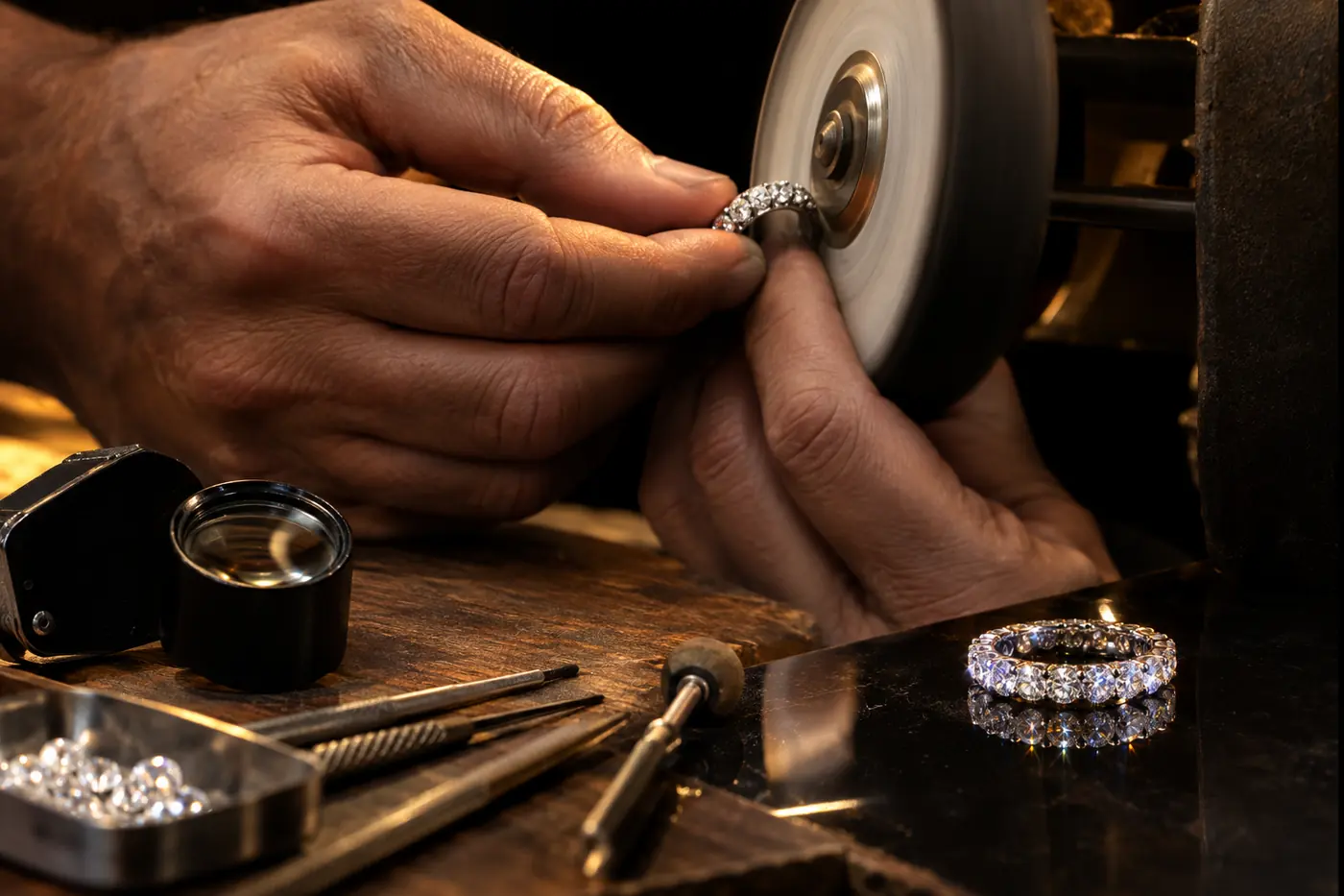 Jeweler polishing a band at the bench